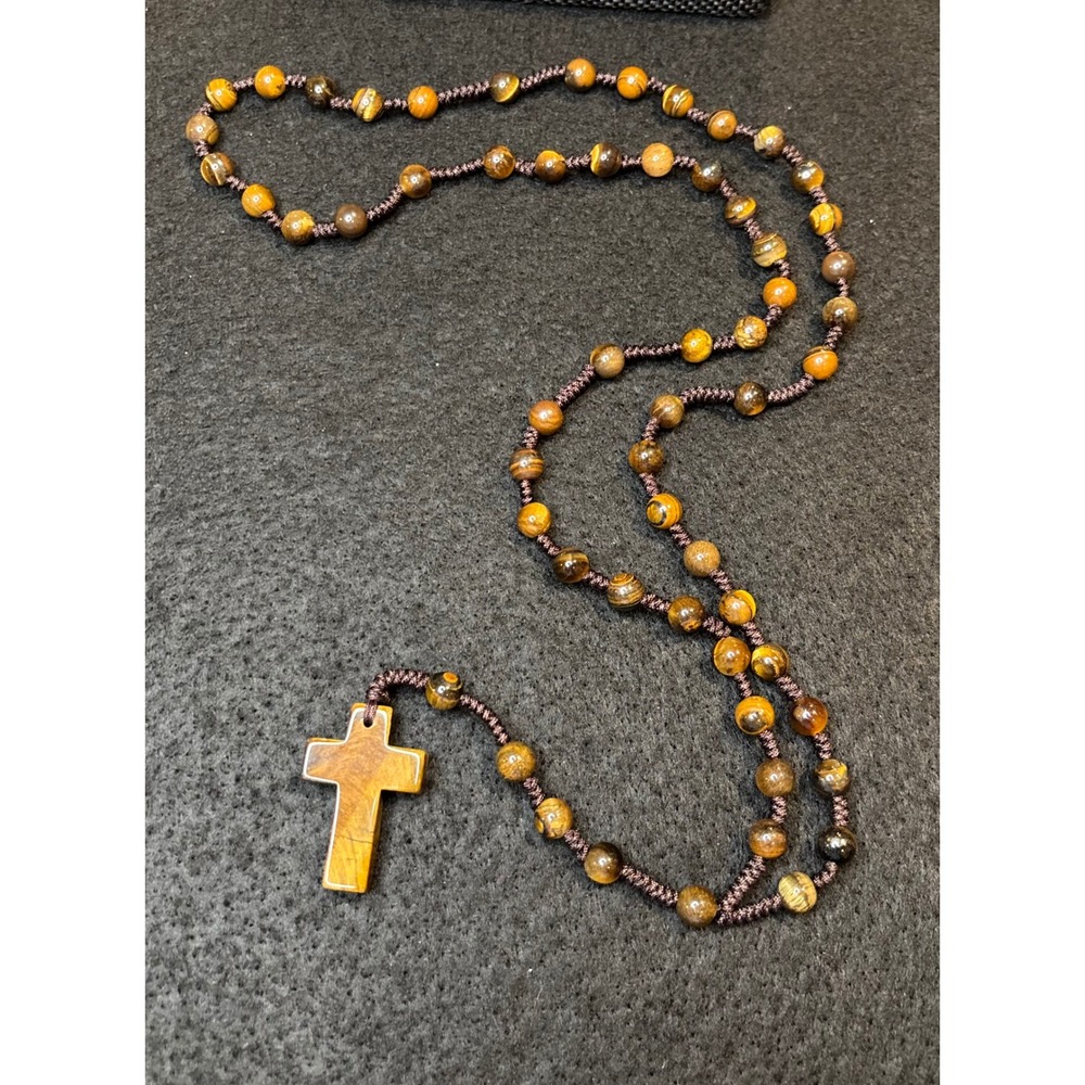 Natural Tigers Eye Stone Rosary Necklace Hand Knotted Cross Pendant 17 Inch